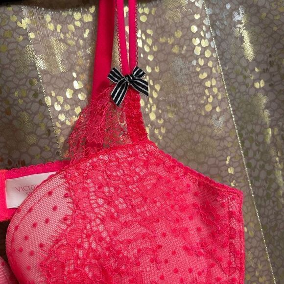 Victoria’s Secret Neon Hot Pink Polka Dot Push Up Babydoll Lingerie, 36C NWOT - Picture 4 of 10